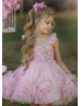 Pink Embroidered Lace Ombre Tulle Pompoms Flower Girl Dress